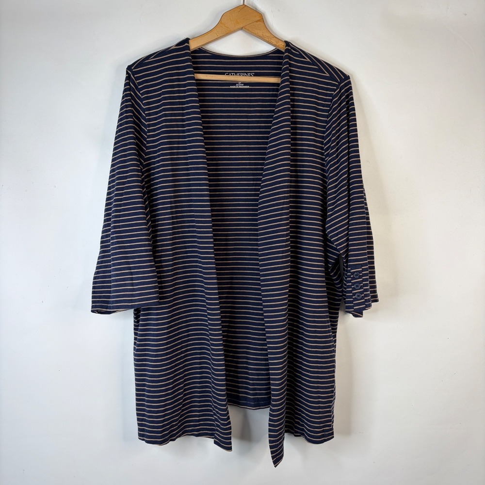 Catherines Cardigan Women 2X Navy Blue Tan Striped Suprema Open Front 3/4 Sleeve